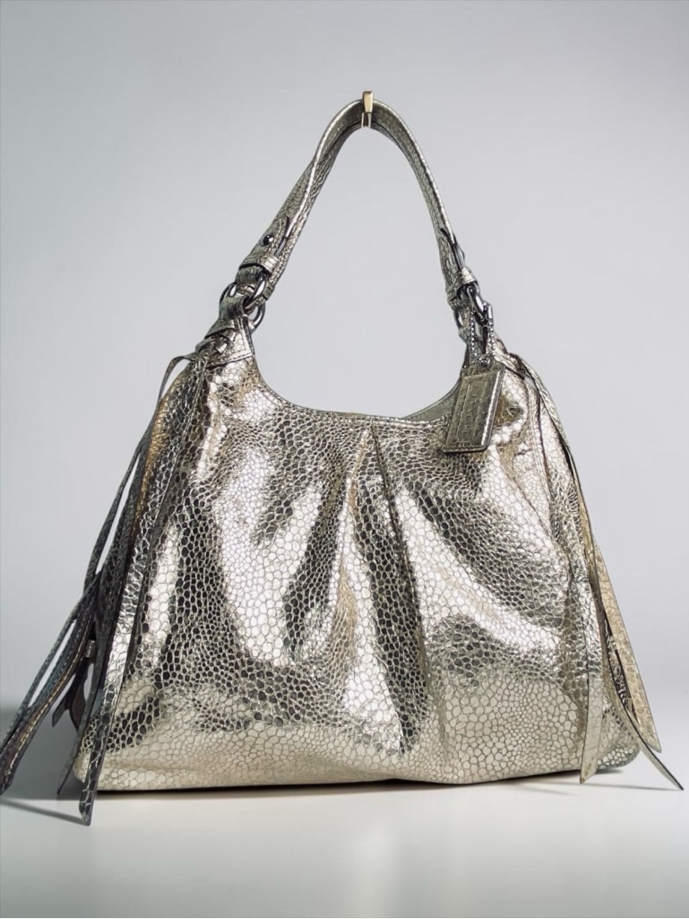 Coach Tasseled Metallic Maggie Cracked Leather in Soft Gold - Picture 3 of 16